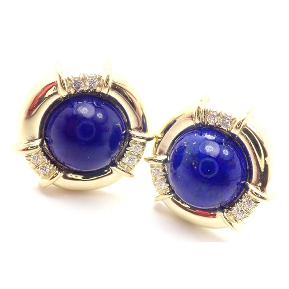 Authentic! Tiffany & Co 18k Yellow Gold Diamond Lapis Lazuli Earrings - Picture 1 of 11